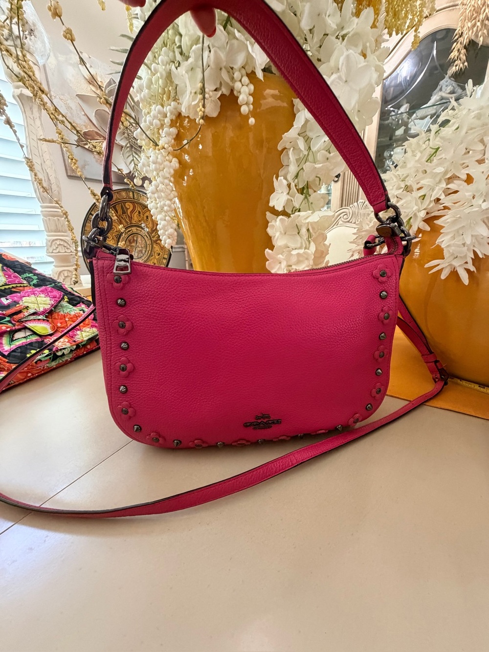 Coach Pink Pebbled Leather Studded Shoulder Bag